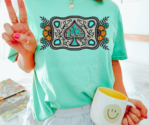 "Turquoise Blossom Buckle Tee"
